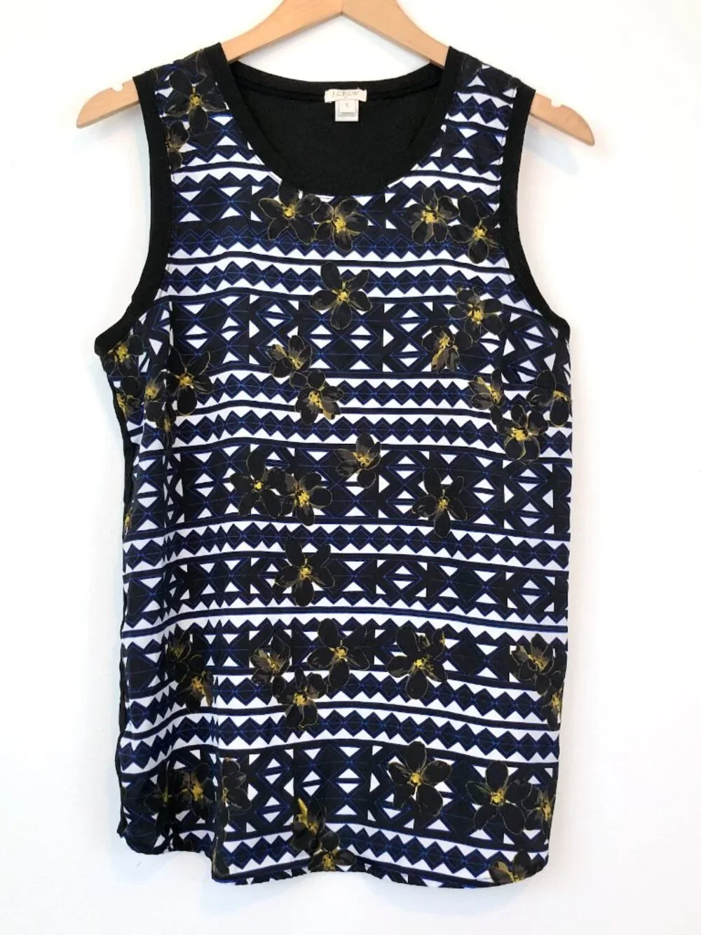 J. CREW Black White Blue Geometric Boho Mixed Media Material Floral Tank Top S